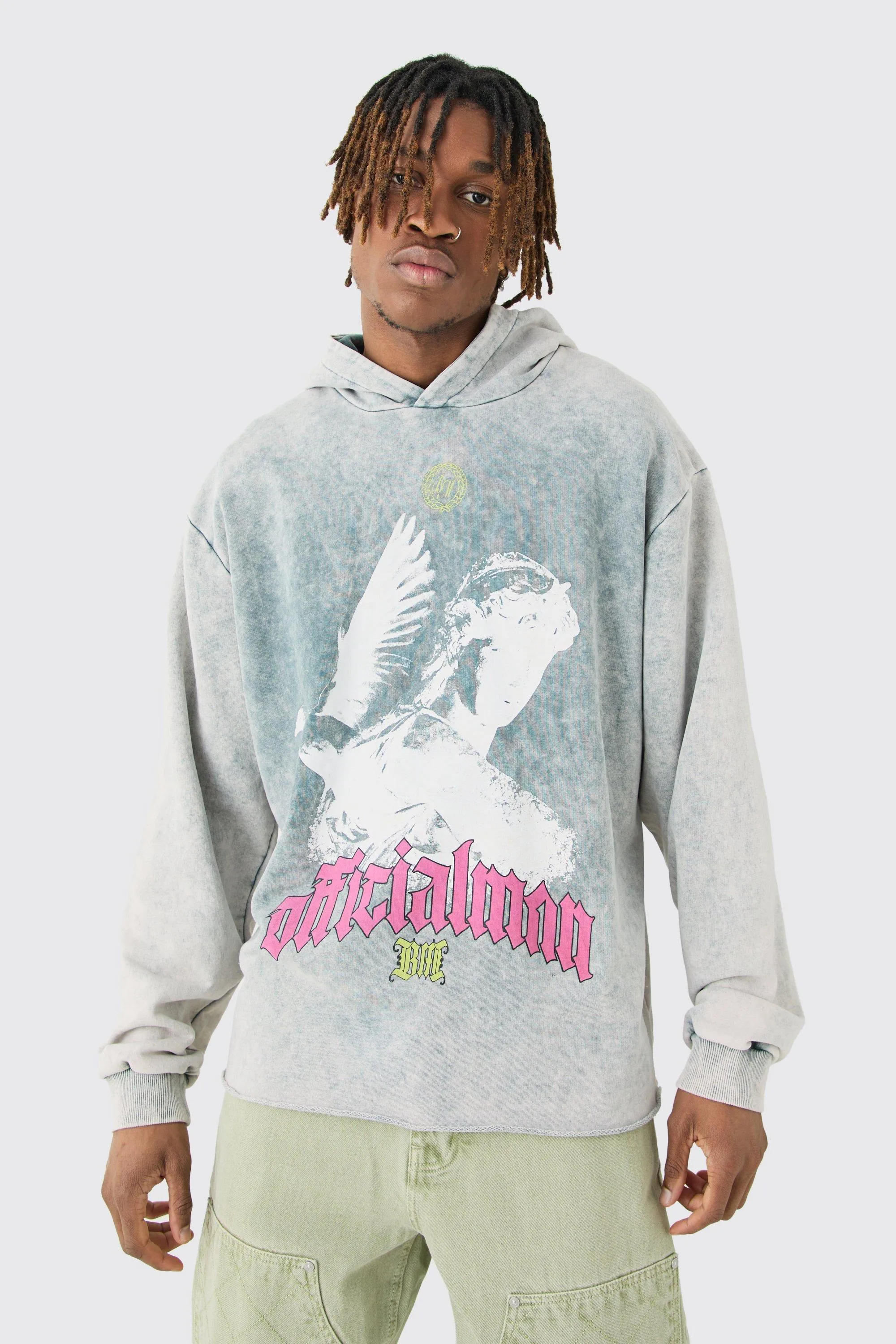 Tall Oversized Boxy Acid Wash Dove Graphic Hoodie | boohooMAN UK