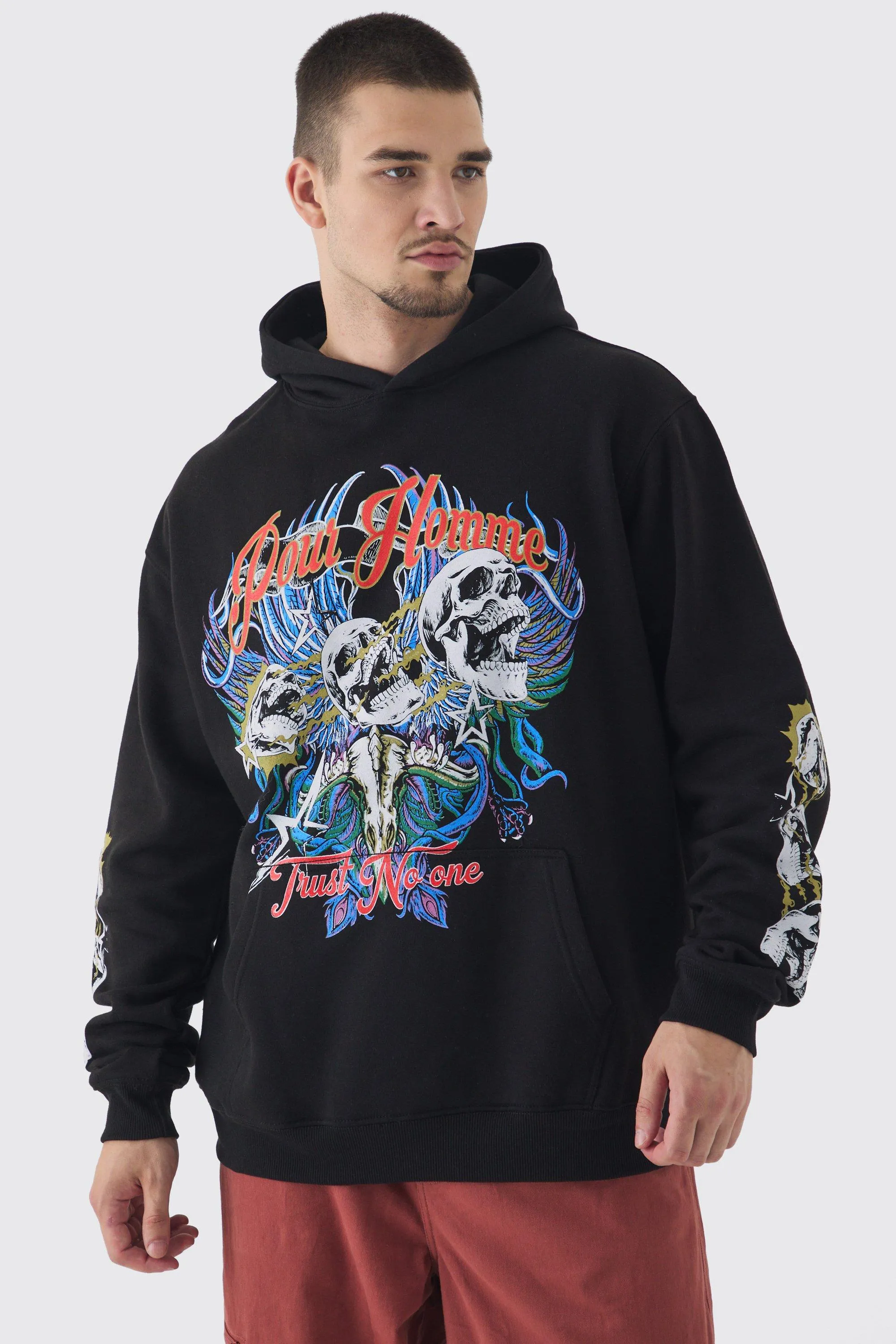 Tall Pour Homme Skull Print Oversized Hoodie in Black | boohooMAN UK