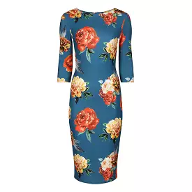 Teal Blue Rose Floral Print 3/4 Sleeve Bodycon Pencil Wiggle Dress