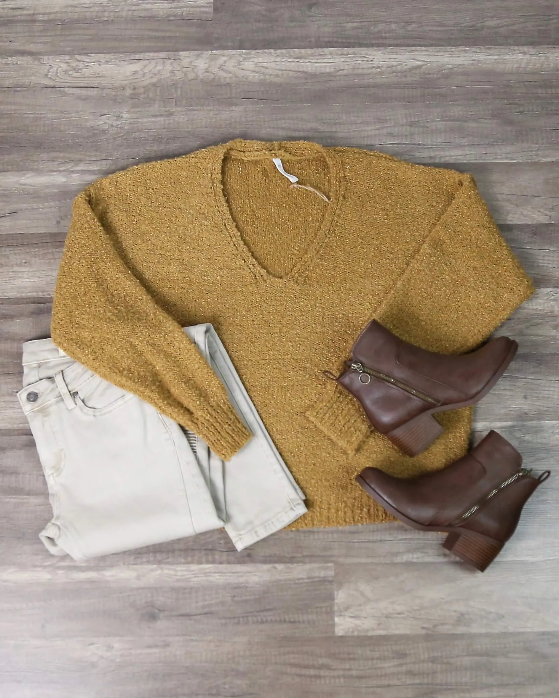 Textured V-Neck Knit Sweater - Mustard