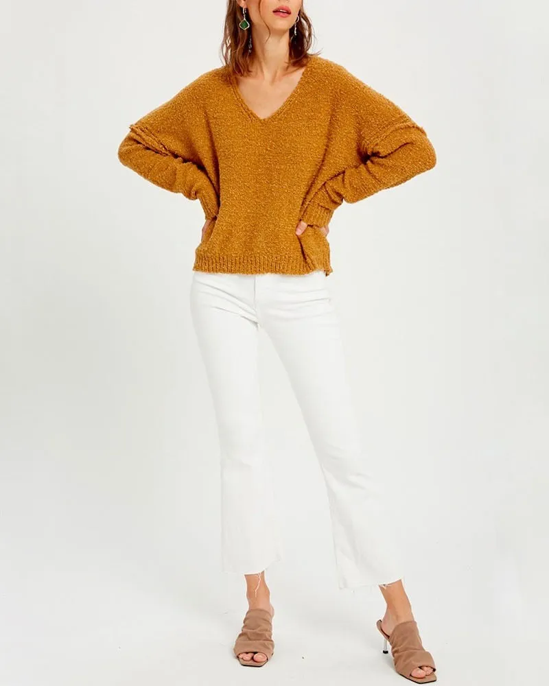 Textured V-Neck Knit Sweater - Mustard