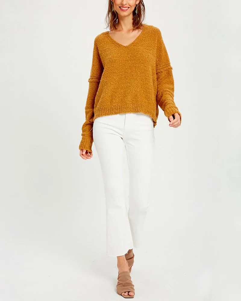 Textured V-Neck Knit Sweater - Mustard