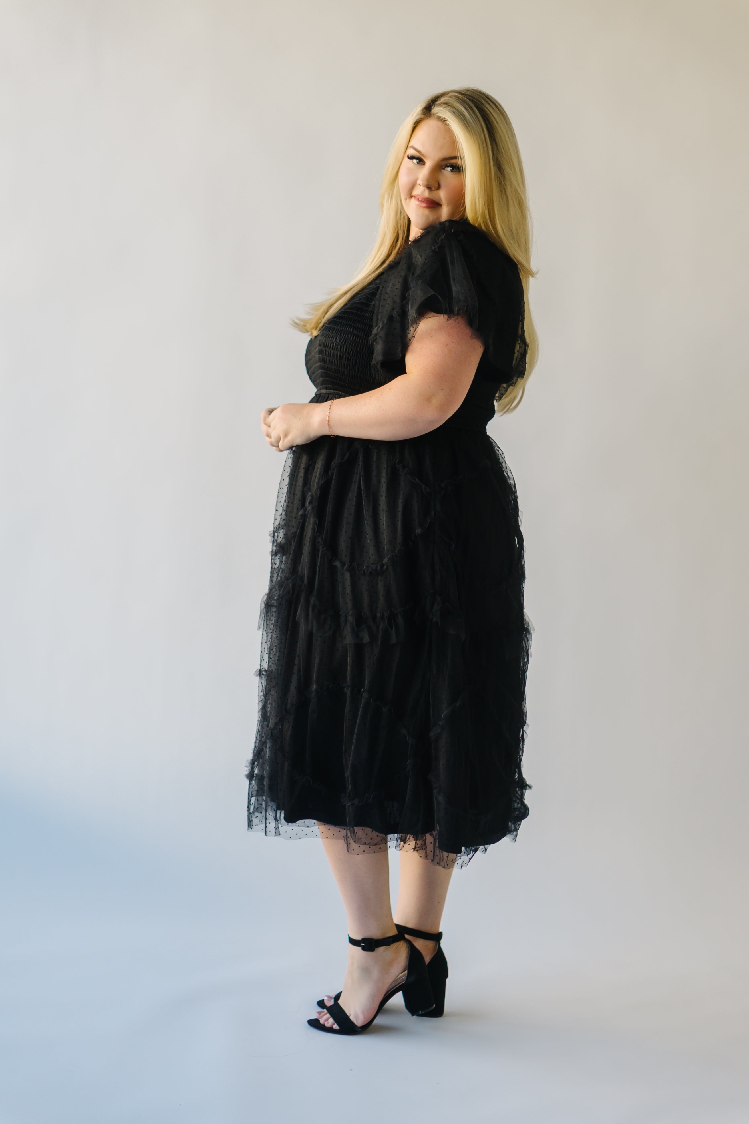 The Bolingbroke Smocked Detail Midi Dress in Black