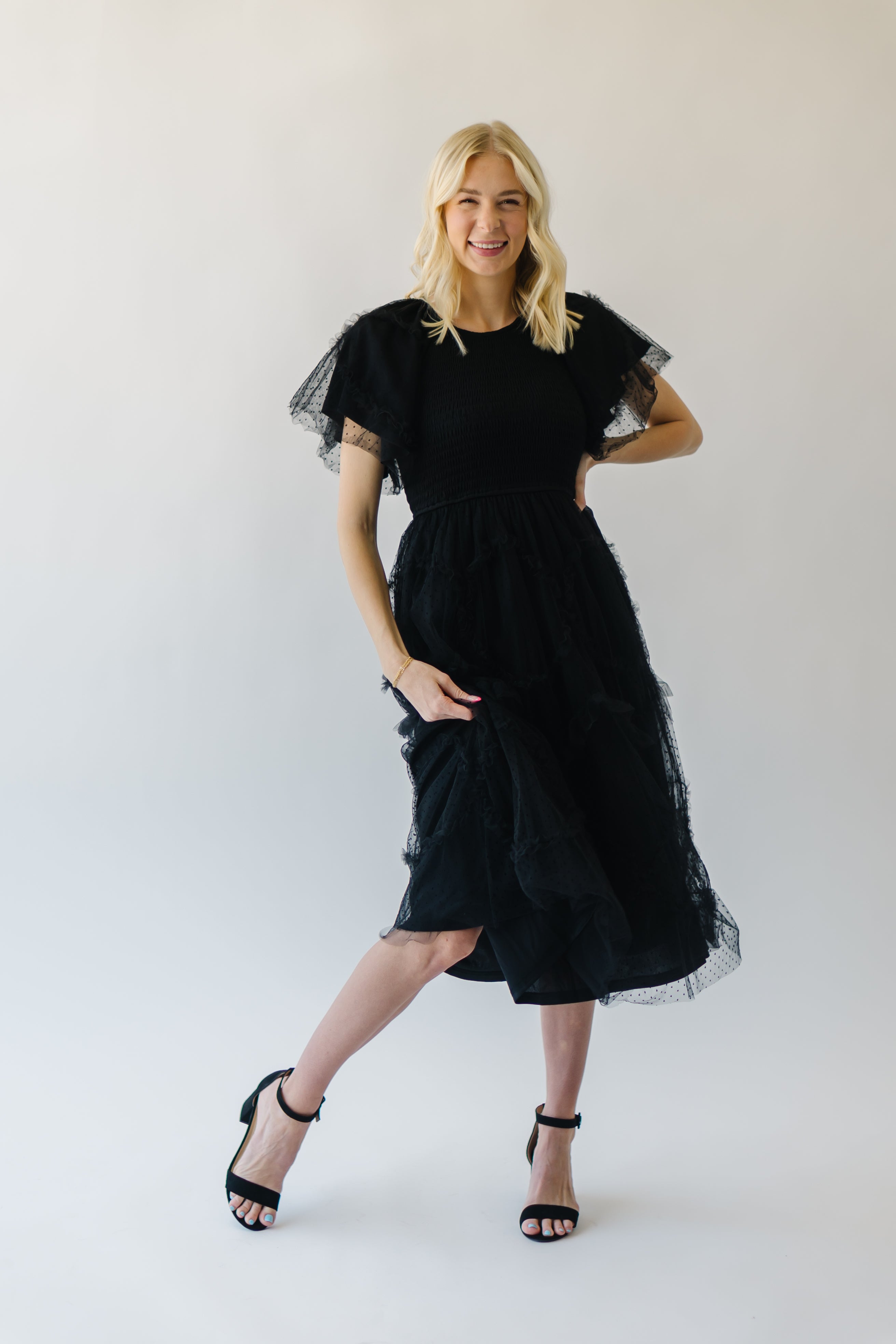 The Bolingbroke Smocked Detail Midi Dress in Black