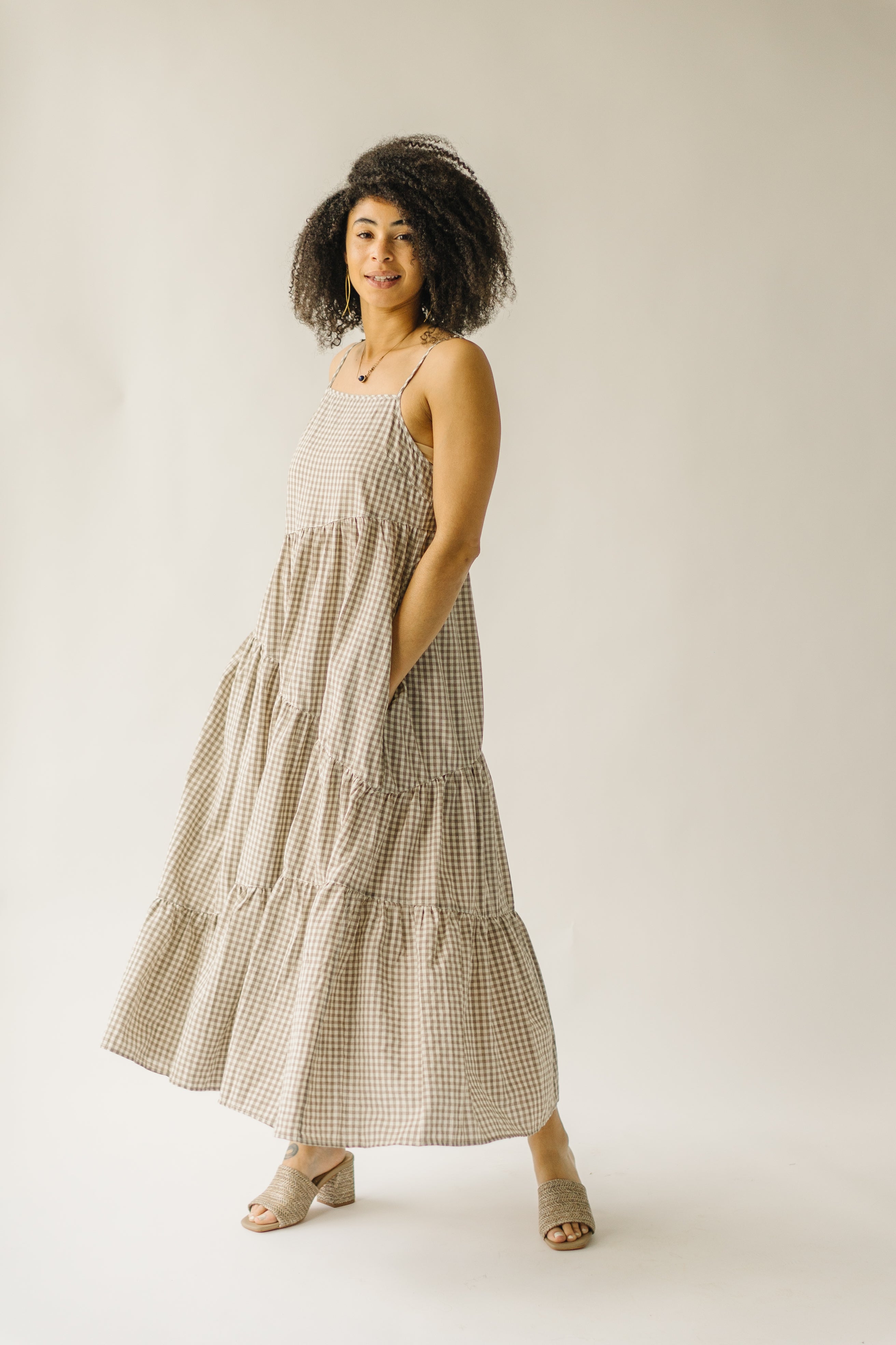 The Helton Plaid Tank Maxi Dress in Taupe