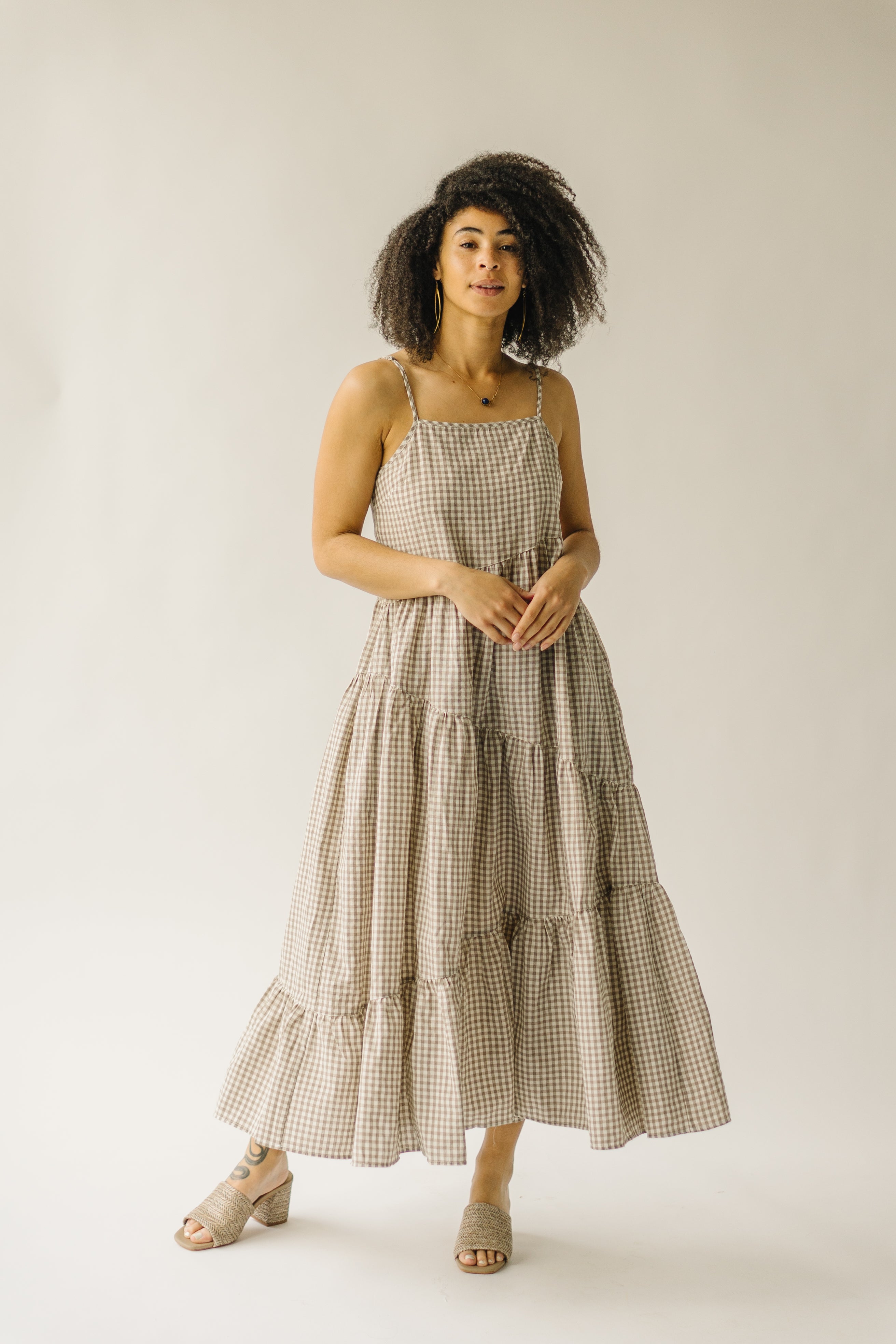 The Helton Plaid Tank Maxi Dress in Taupe