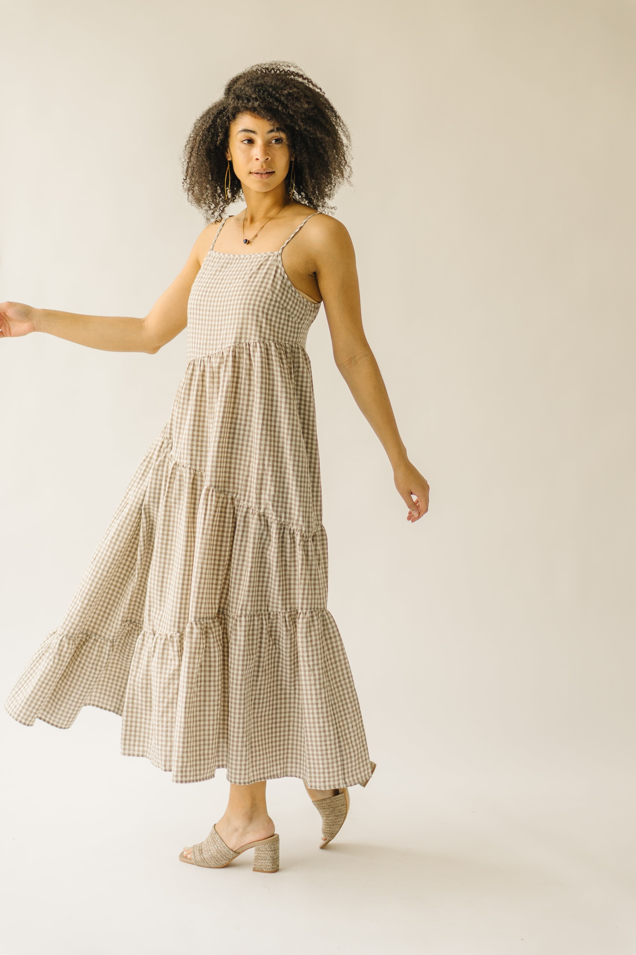 The Helton Plaid Tank Maxi Dress in Taupe