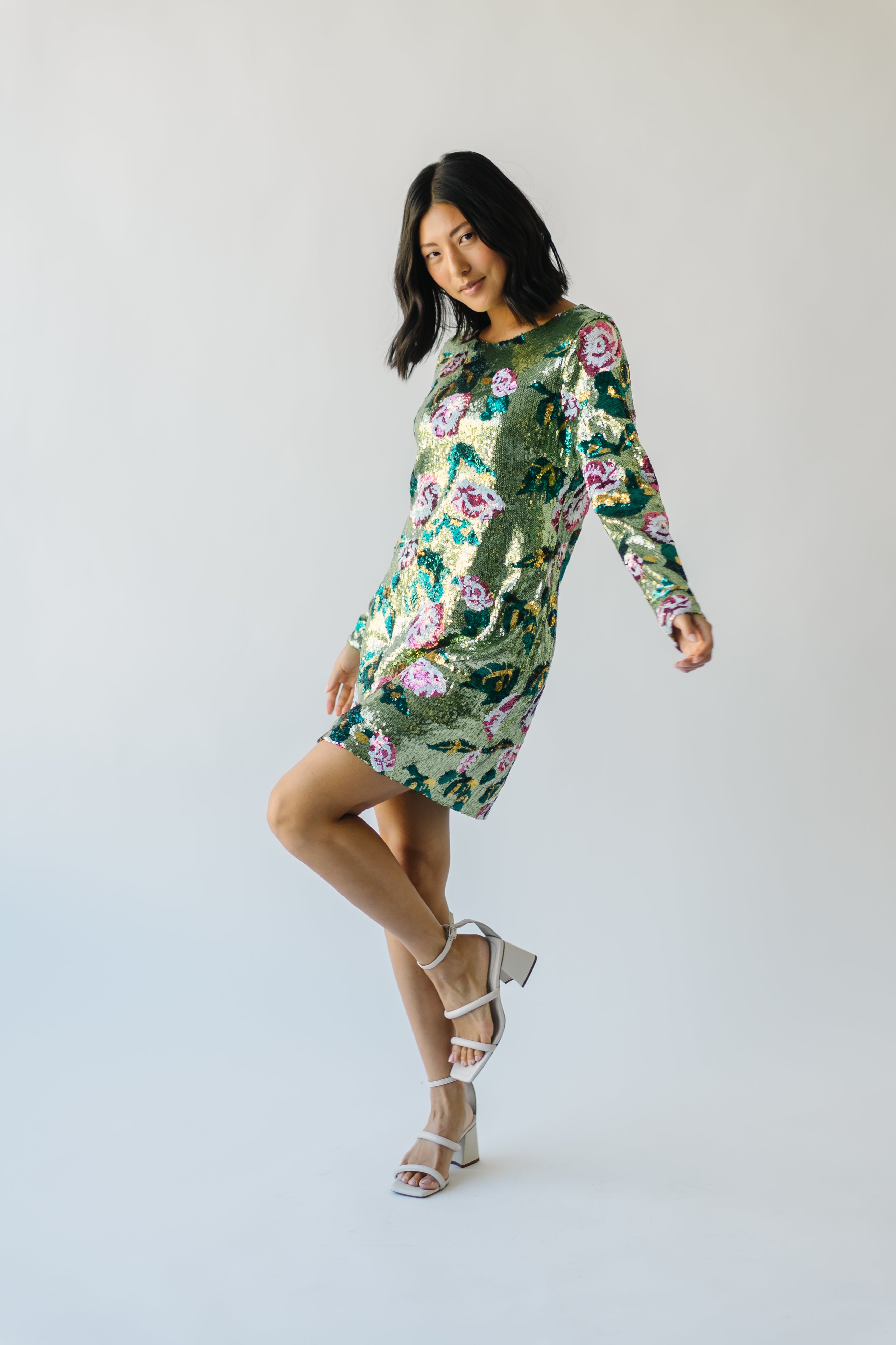 The Orick Floral Sequin Dress in Green