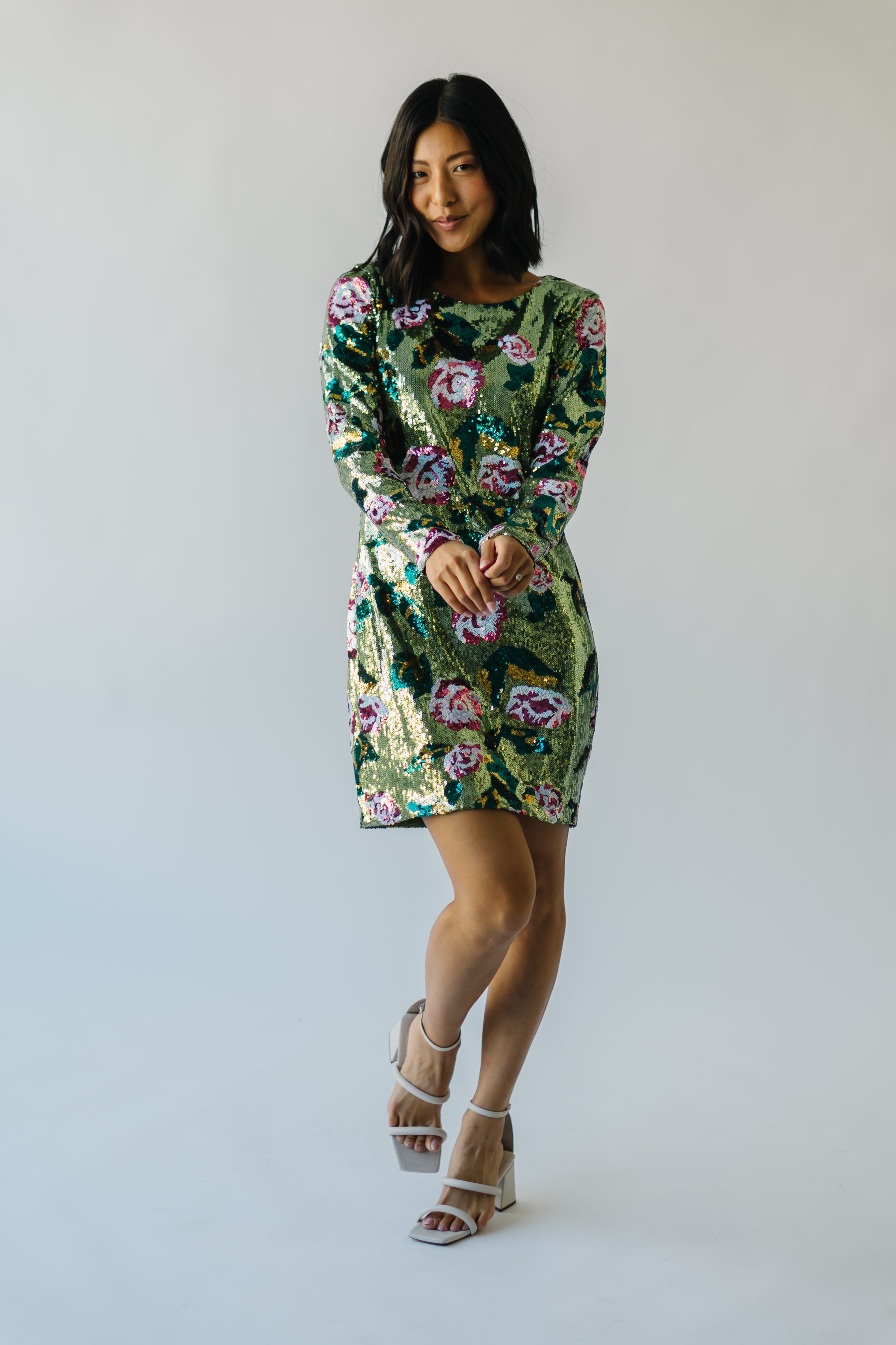 The Orick Floral Sequin Dress in Green