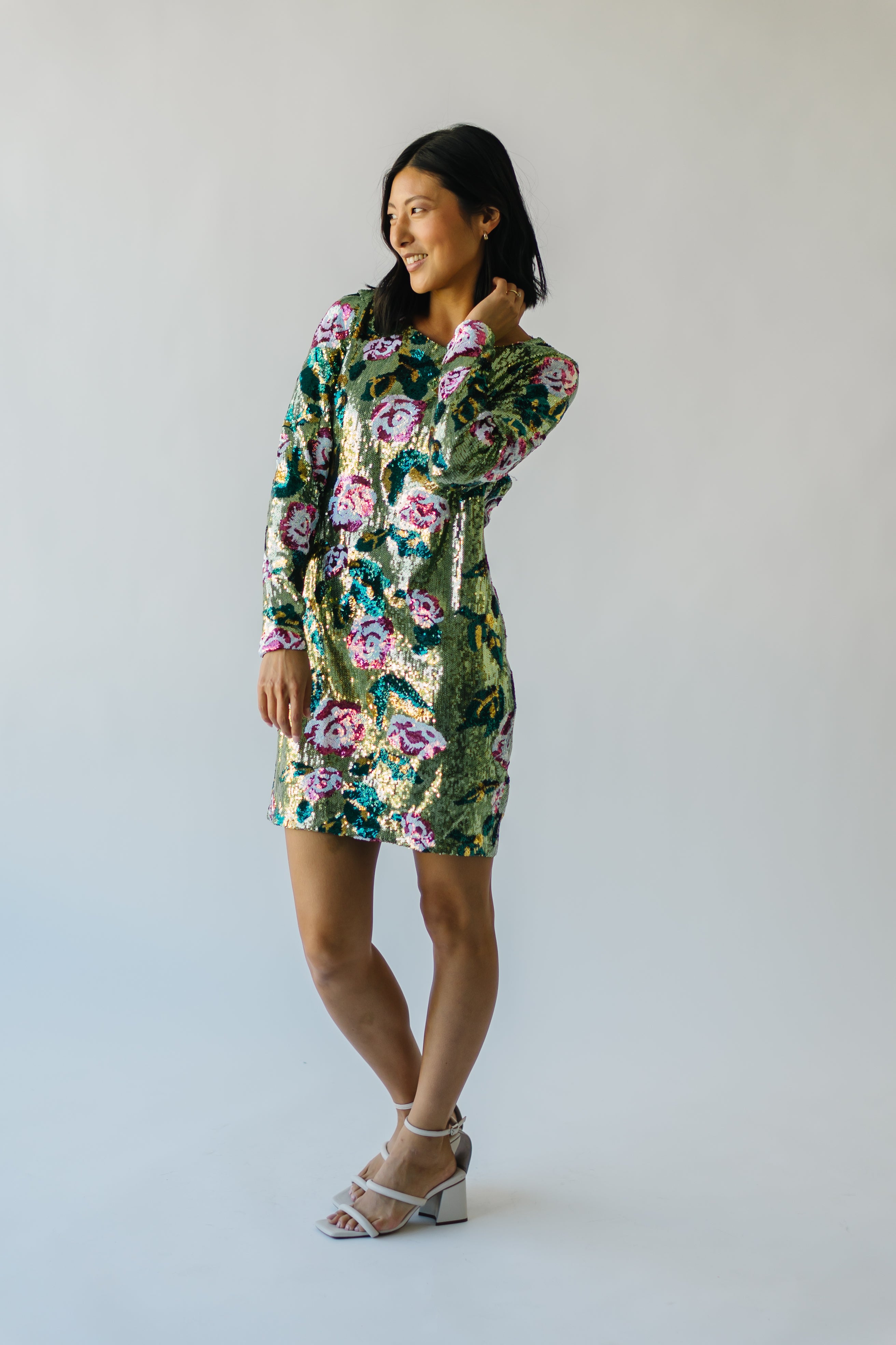 The Orick Floral Sequin Dress in Green