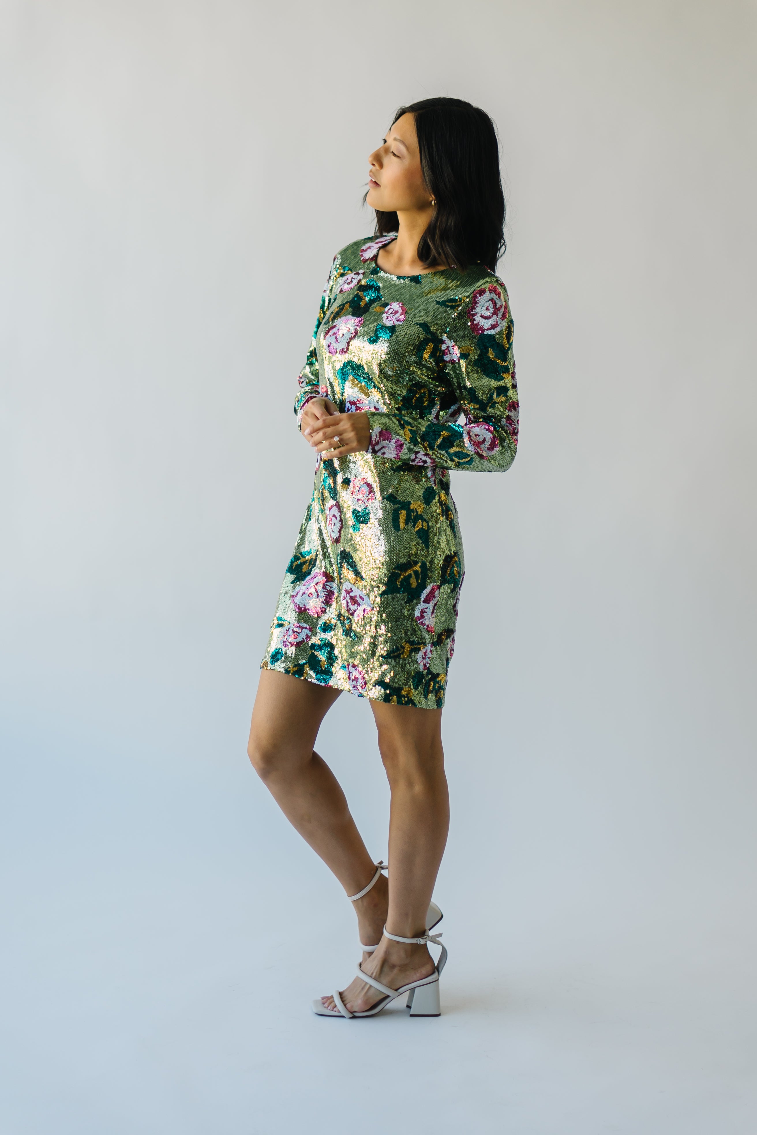 The Orick Floral Sequin Dress in Green