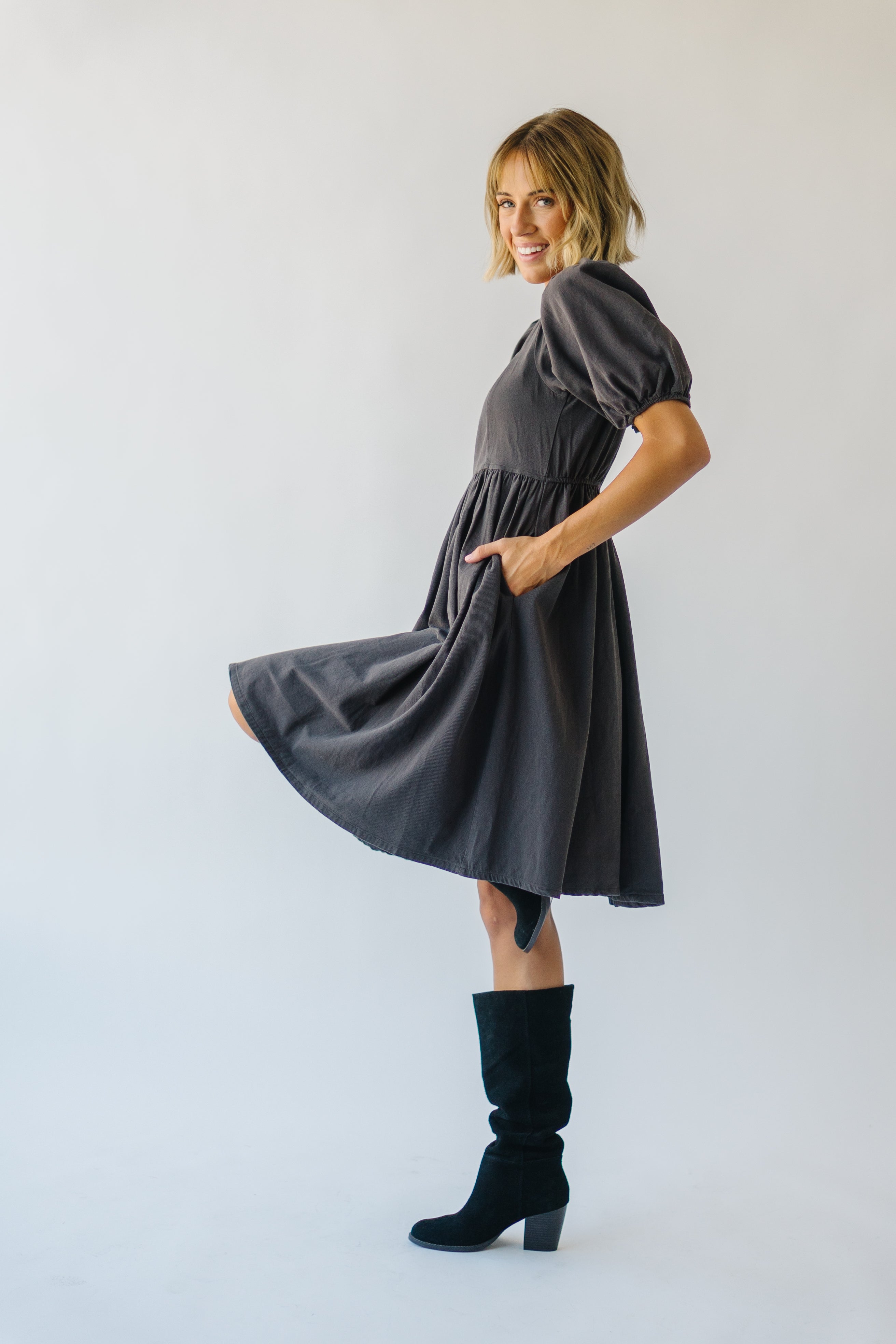 The Remerton Tie Detail Dress in Charcoal