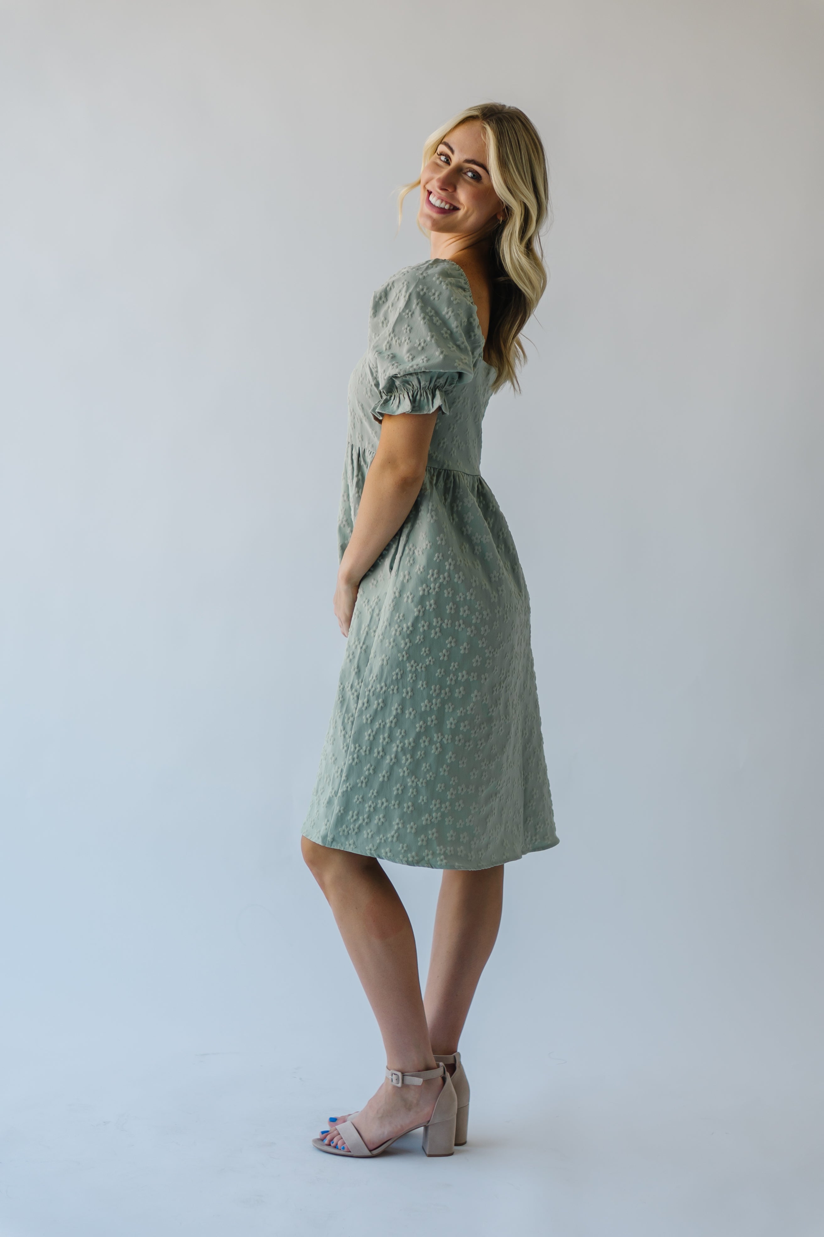 The Shasta Floral Square Neck Dress in Dusty Sage