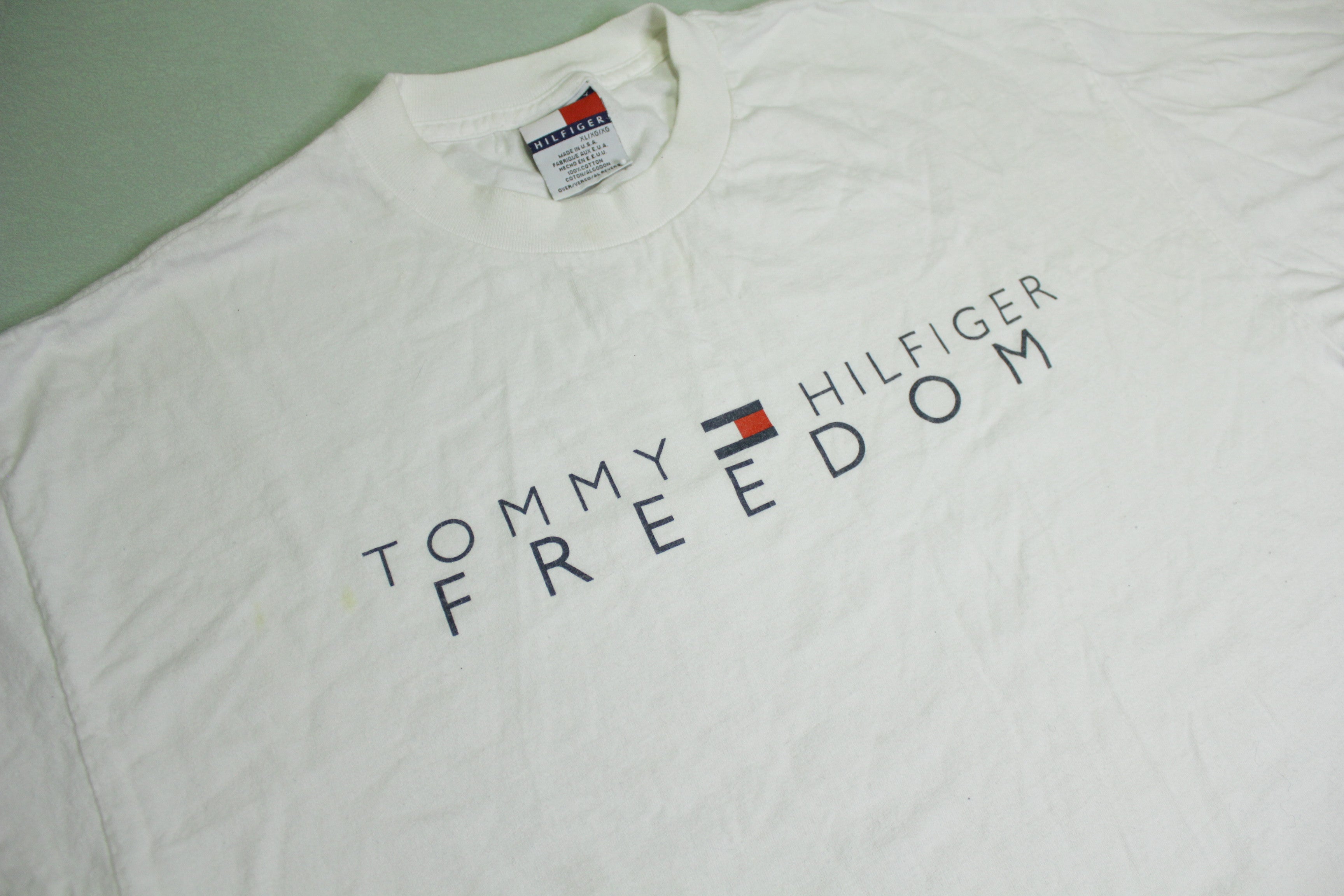 Tommy Hilfiger Freedom Vintage Flag Spellout 90's Made In USA T-Shirt