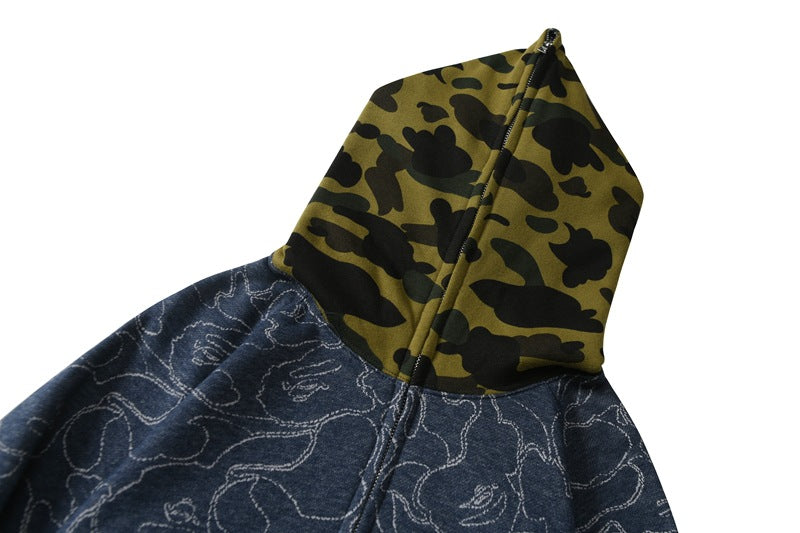 Top Quality Wholesale Ape Shark Camo Full Zipper Streetwear Outfit Hip Hop Sweatshirt Loose Cotton Unisex Hoodie