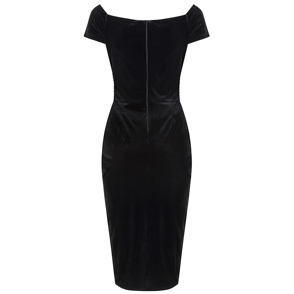 Vintage 1940s Black Velour Crossover Wiggle Dress