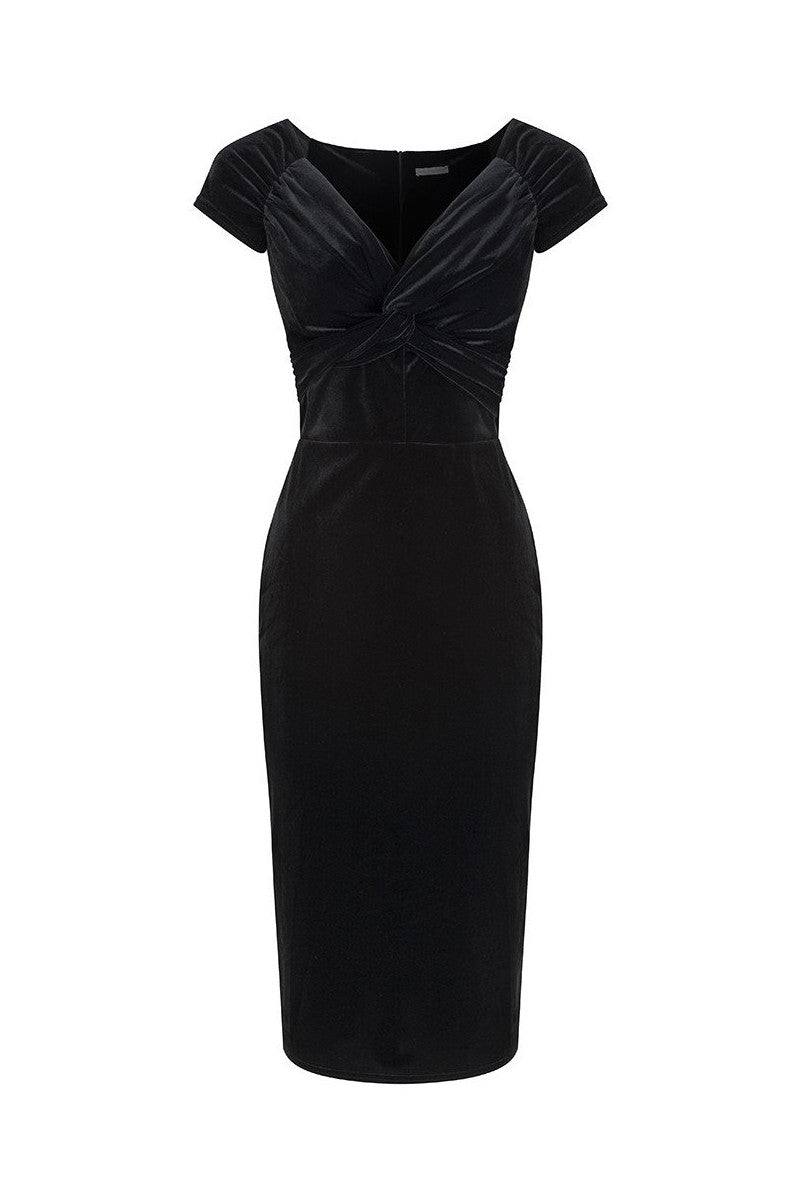 Vintage 1940s Black Velour Crossover Wiggle Dress