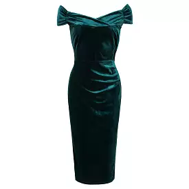 Vintage Green Velour Cap Sleeve Crossover Top Bardot Wiggle Dress