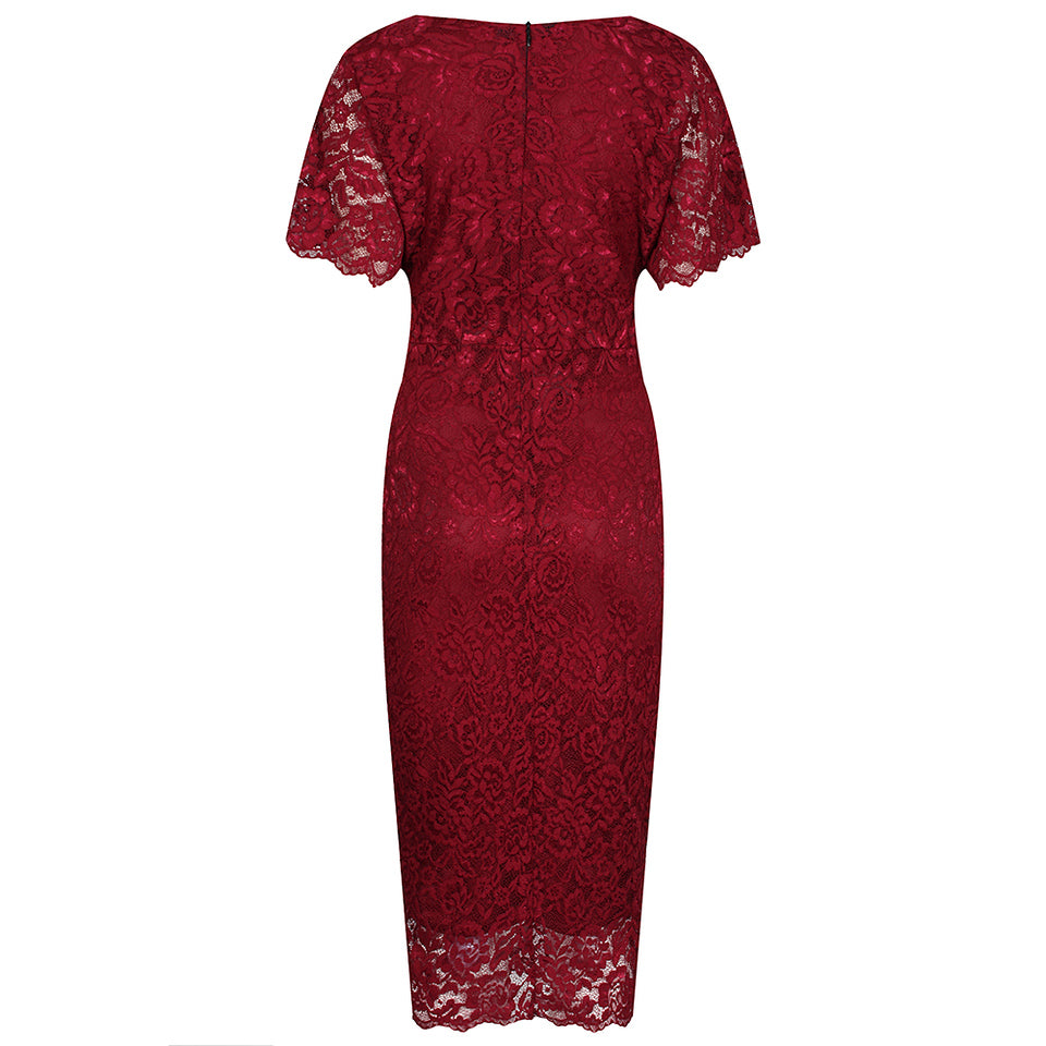 Wine Red Vintage Capped Sleeve Rose Lace Pencil Wiggle Dress