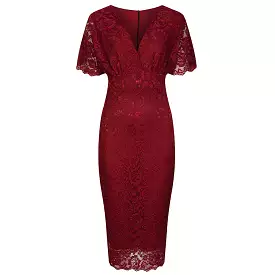 Wine Red Vintage Capped Sleeve Rose Lace Pencil Wiggle Dress