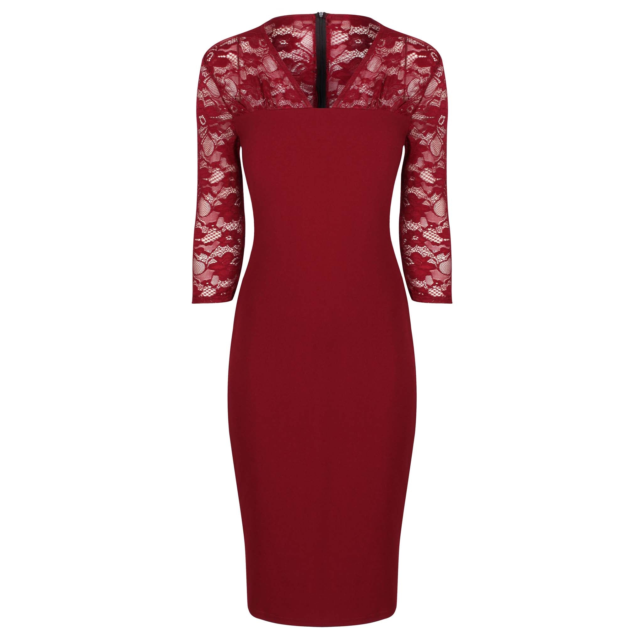 Wine Red Vintage Lace Detail Bodycon Midi Dress