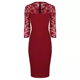 Wine Red Vintage Lace Detail Bodycon Midi Dress