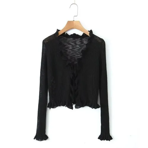 Women's Casual Stripe Ruffles Tie Cardigan