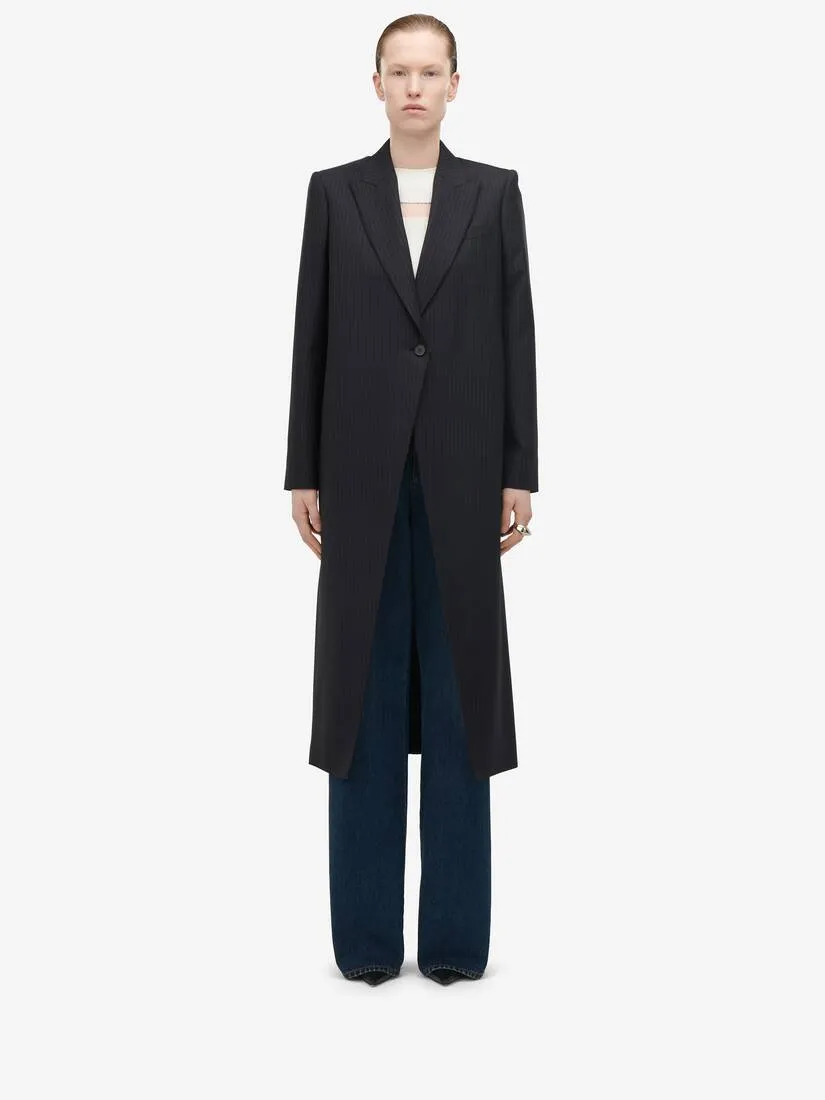 Women's Pinstripe Cutaway Coat in Navy