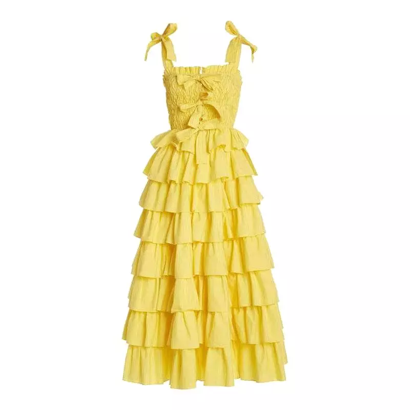 Yellow Multi Layer Bow Spaghetti Strap Maxi Dress